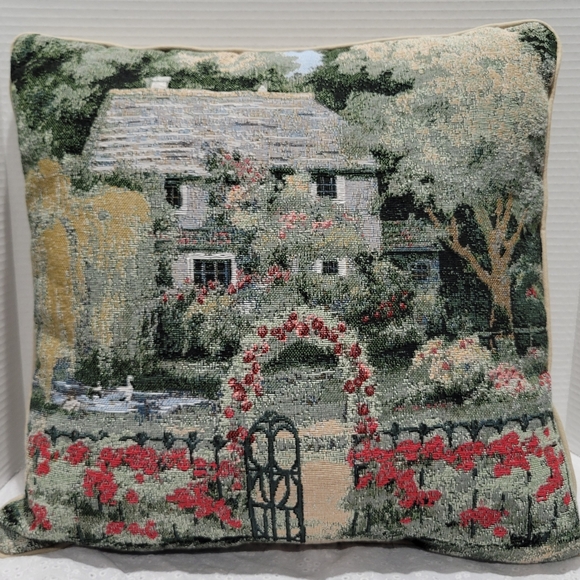 Needlepoint Peaceful Cottage Spring scenery Decorative Pillow square - Picture 1 of 12